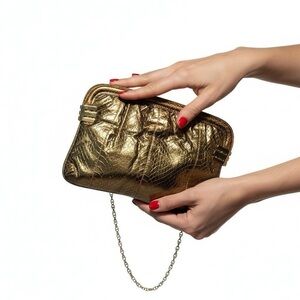 Vintage Leather Reptile Embossed Shinnny Gold Clutch Shoulder Bag Chain Strap